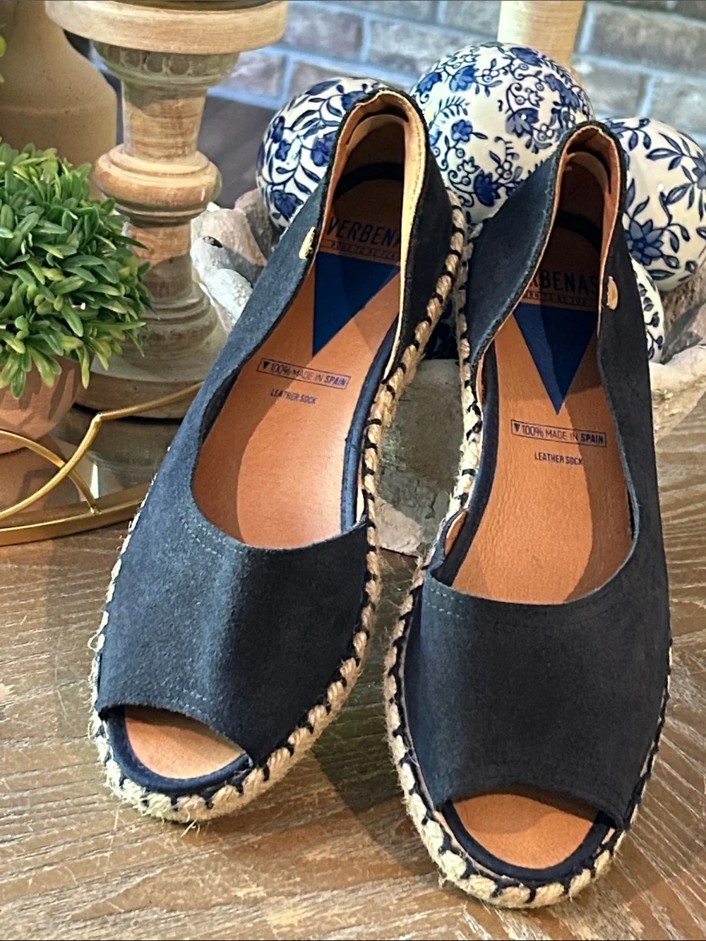 Verbenas Navy Blue Suede Espadrille Peep-Toe Flats Made In Spain size 39 Women